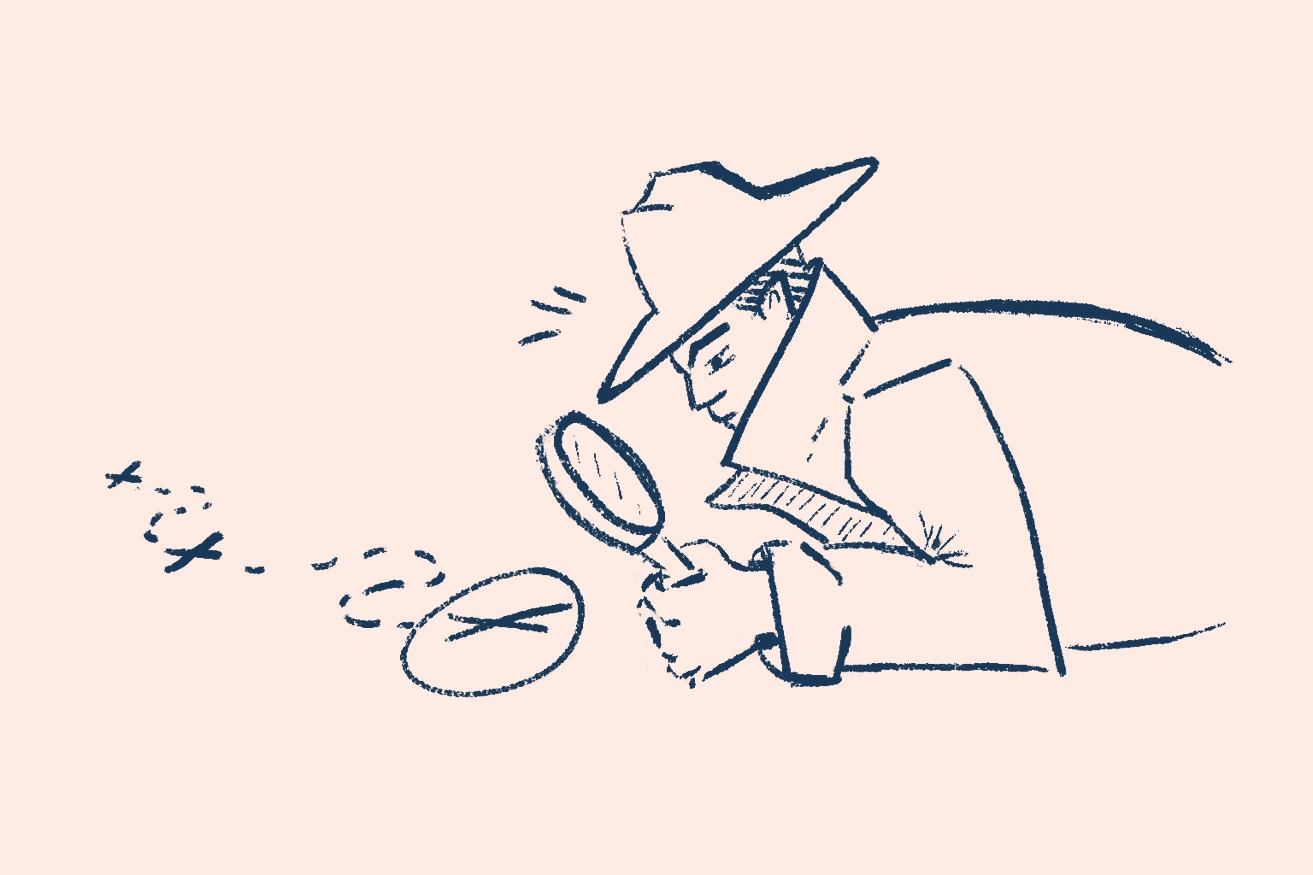 An illustration of a detective investigating a clue, reflecting the author's forensic approach to technical SEO and thwarted ambitions to be an ingenious sleuth who doesn't play by the rules, but by God he gets results.