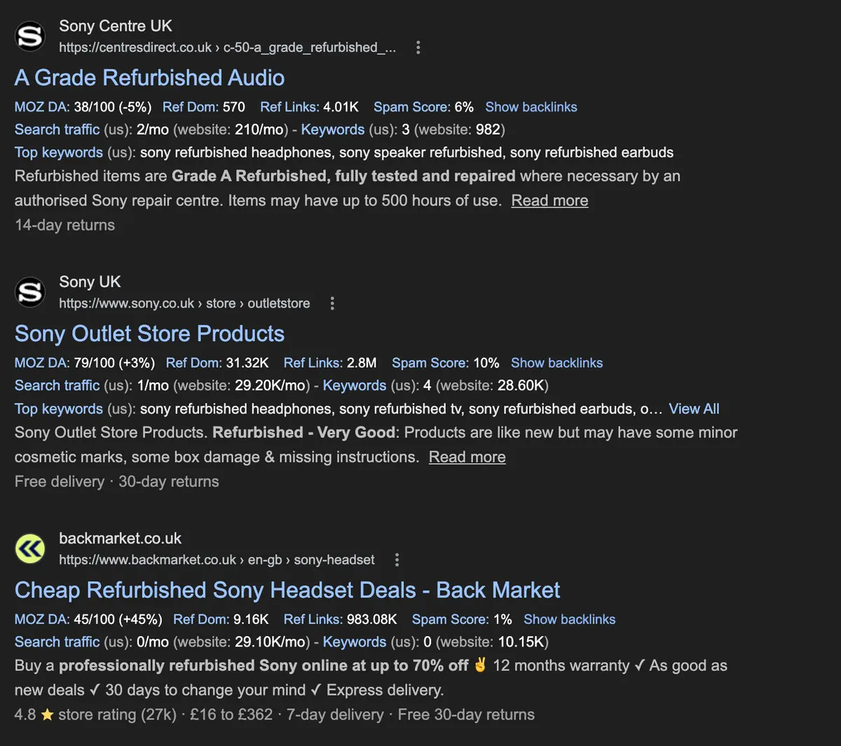 Google SERP for 'refurbished Sony headphones' showing Backmarket's /sony-headset page as the first non-branded result, with Sony Centre UK and Sony UK appearing above it