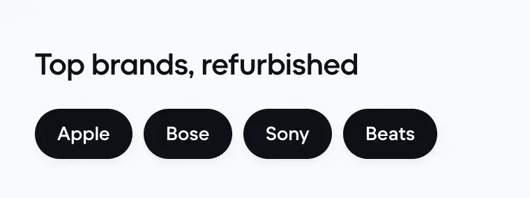 Backmarket's 'Top brands, refurbished' section showing Apple, Bose, Sony, and Beats as brand filter options