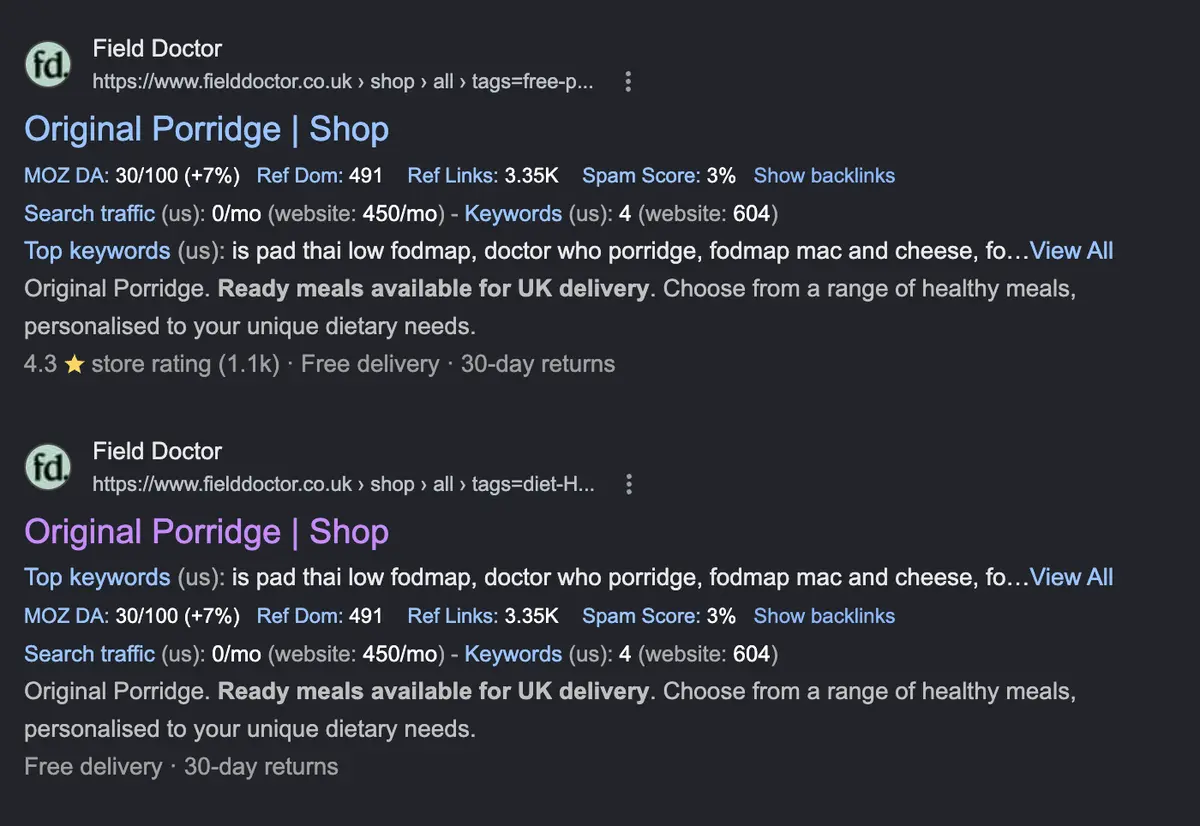 Google search results showing two different field doctor URLs — one filtering for potato-free, wheat-free, pescatarian, mushroom-free, vegan, tomato-free, quinoa-free and yeast-free; the other for heart health, bone health, vitamin D, mollusc-free, energy boosting and several more exclusions — both returning the same 'Original Porridge | Shop' result