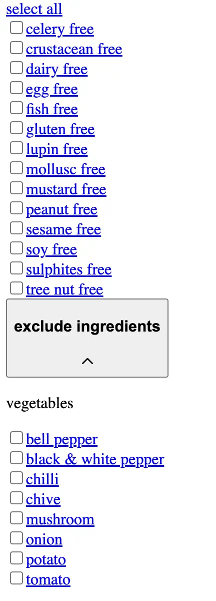 field doctor's filter sidebar showing static checkbox links for allergen exclusions (celery free, crustacean free, dairy free, egg free, fish free, gluten free, etc.) and ingredient exclusions (bell pepper, black & white pepper, chilli, chive, mushroom, onion, potato, tomato)