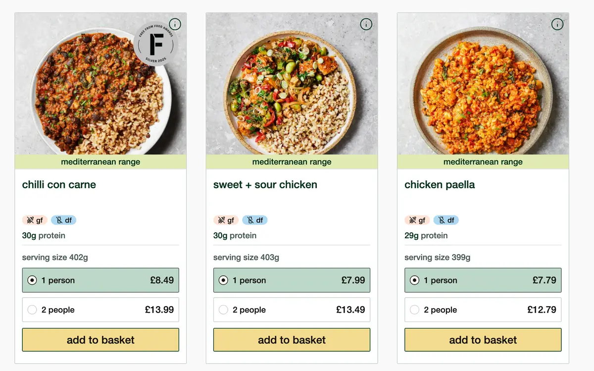 field doctor's filtered product listing showing chilli con carne, sweet + sour chicken, and chicken paella — all from the mediterranean range, each with protein counts and pricing