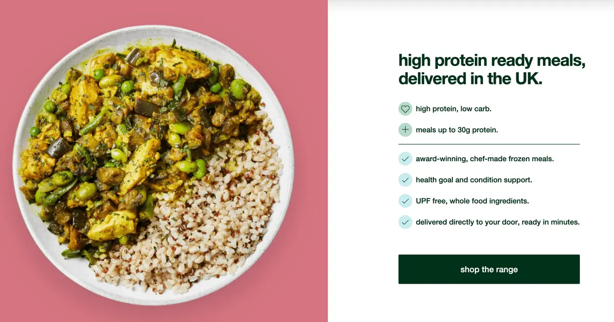 field doctor's 'high protein ready meals, delivered in the UK' landing page, featuring a photo of a healthy meal and bullet-pointed product benefits