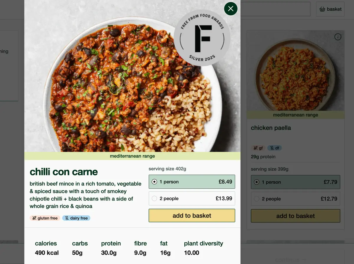 field doctor's product modal for 'chilli con carne' overlaid on the filtered product listing, showing full product details, nutritional information, and pricing