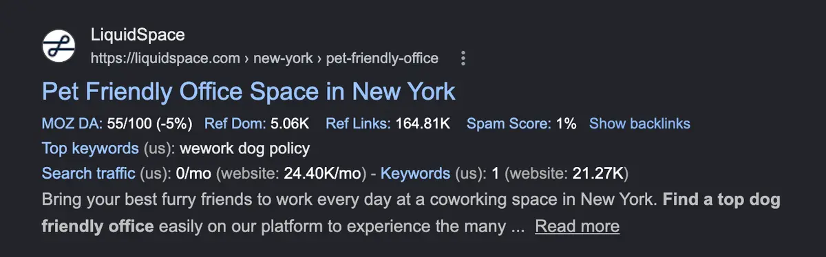 Google SERP result showing LiquidSpace ranking first for 'pet friendly offices New York' with a self-canonicalised URL at /new-york/pet-friendly-office