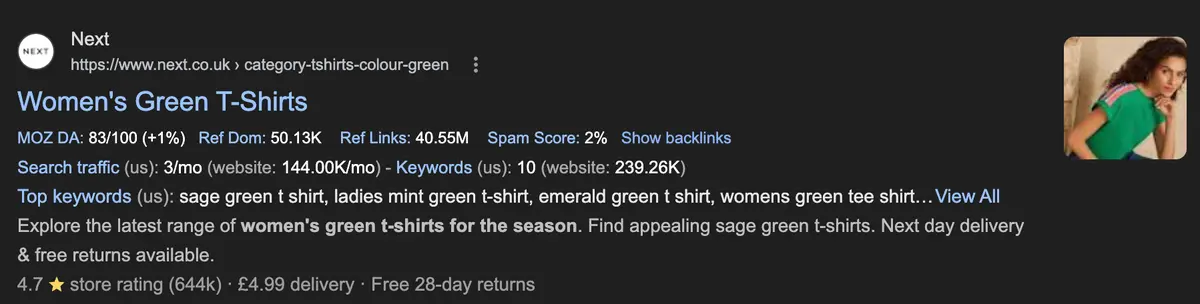 Google SERP showing Next's 'Women's Green T-Shirts' page at next.co.uk/category-tshirts-colour-green ranking for the query, with strong Moz authority metrics