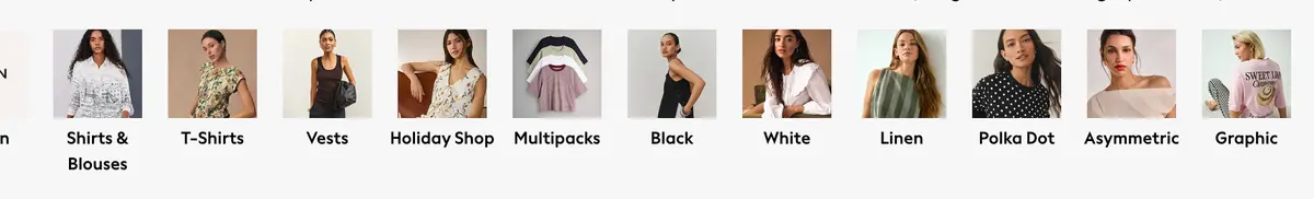 Next's category navigation strip showing static href links above the product listing: Shirts & Blouses, T-Shirts, Vests, Holiday Shop, Multipacks, and colour/style filters