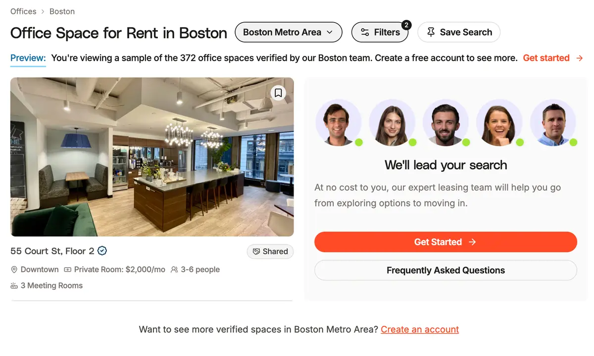 Tandem's 'Office Space for Rent in Boston' page with two filters applied (5 desks, standing desks), generating a URL with query parameters that canonicalises back to /offices/boston