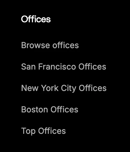 Tandem's footer navigation showing only: Offices, Browse offices, San Francisco Offices, New York City Offices, Boston Offices, Top Offices — a limited set of links that misses the district-level pages