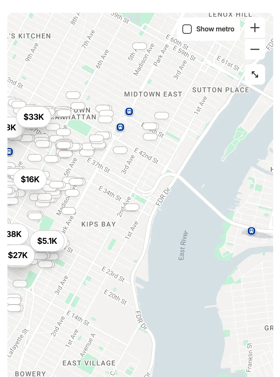 Tandem's interactive map for New York City office spaces, showing price markers across Manhattan and surroundings — the map's bounding coordinates are appended to the URL as query parameters