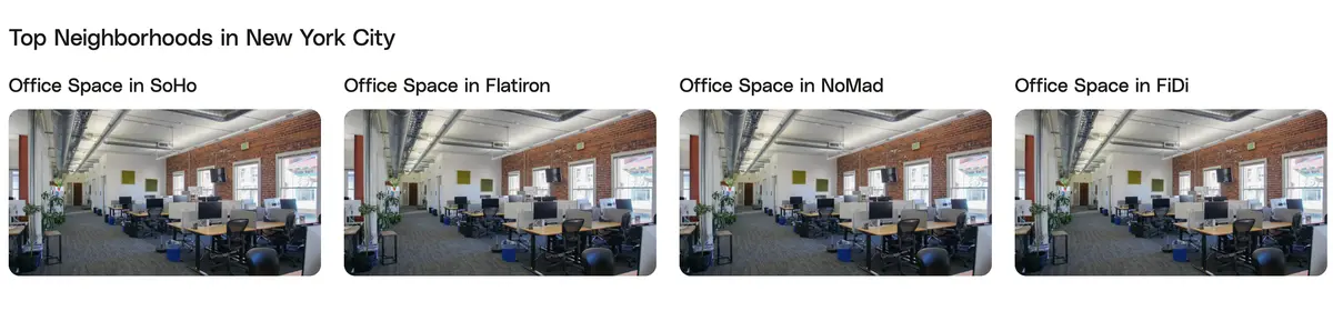 Tandem's 'Top Neighborhoods in New York City' section at the bottom of their NYC listings, showing links to Office Space in SoHo, Flatiron, NoMad, and FiDi with thumbnail images