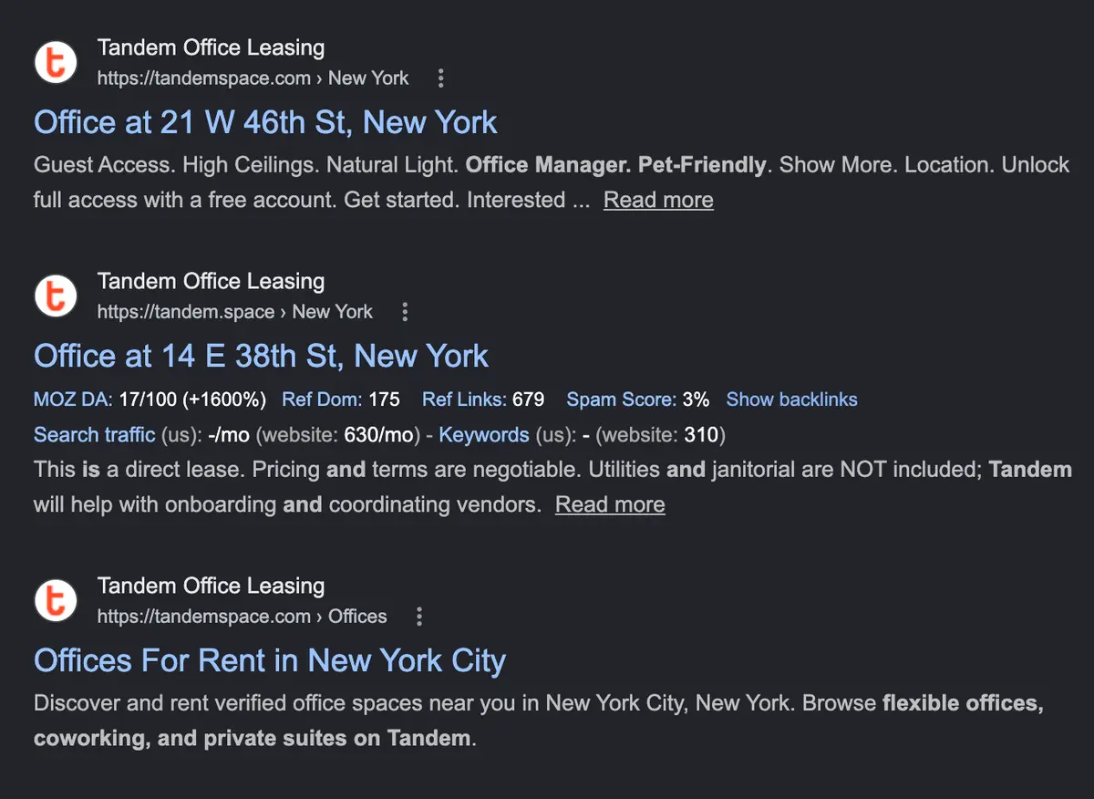 Google results for a Tandem site search showing individual office listings (21 W 46th St, 14 E 38th St) and a city-level 'Offices For Rent in New York City' page — none of which is a filtered pet-friendly listing